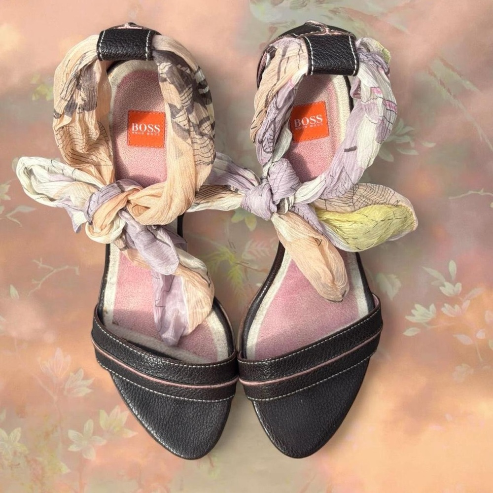 Y2K Hugo Boss Brown and Pink Leather Wedge Heeled Sandals with Scarf Tie